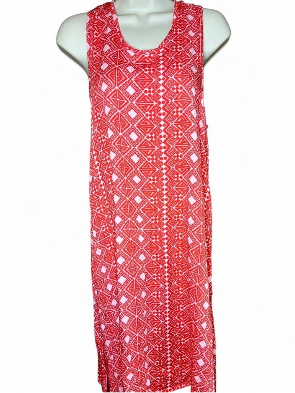 Red Orange Fair Trade Eco Friendly Handmade Geometric Boho Sleveless Maxi Dress